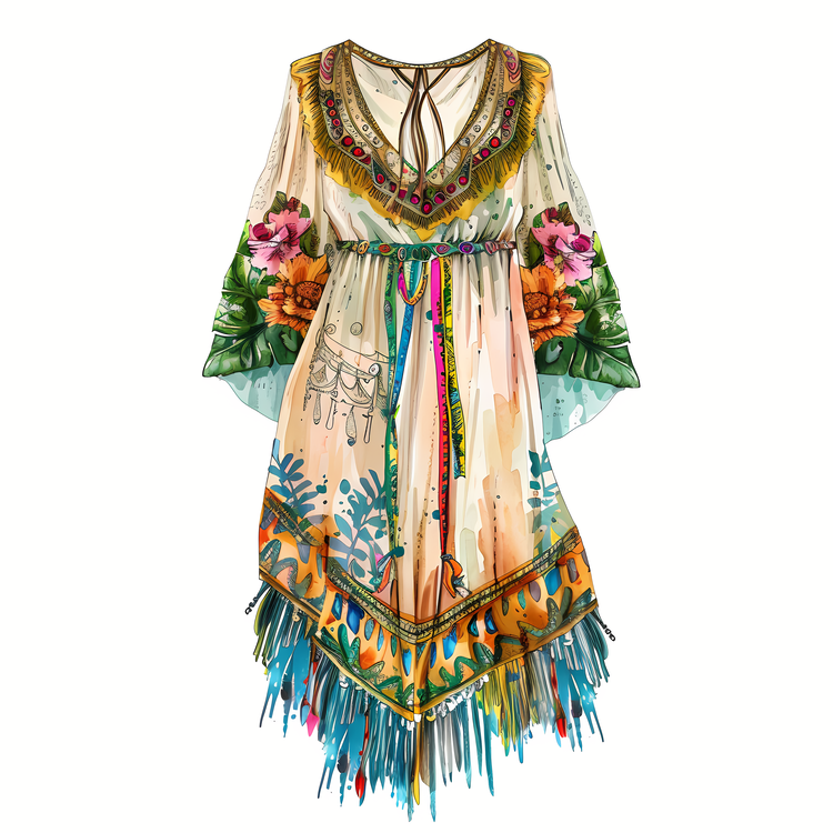 Boho Dress,Fringes,Multicolored