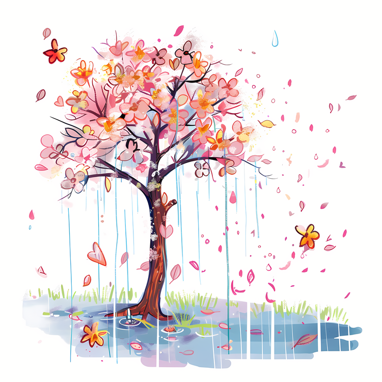 Spring,Rainy Day,Cherry Blossom Tree