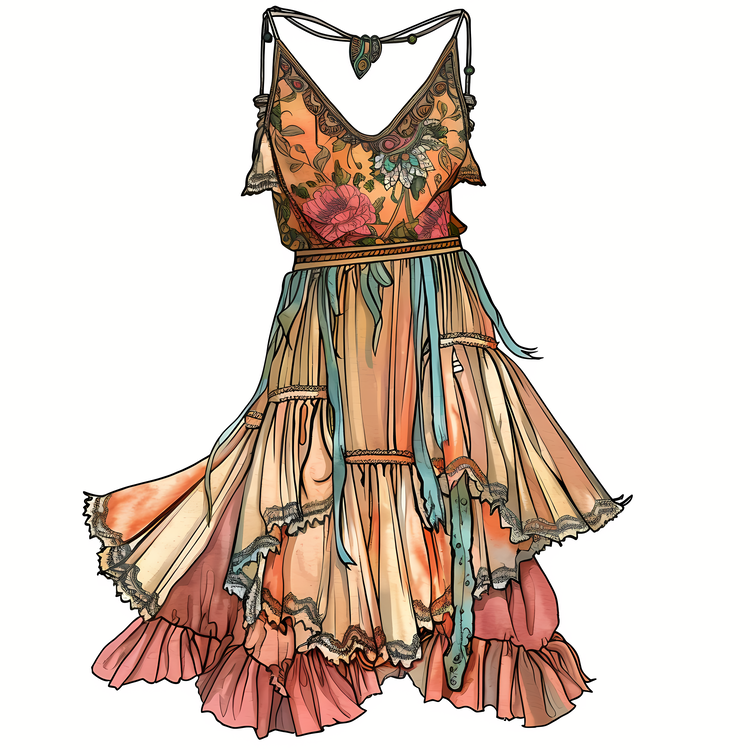 Boho Dress,Floral Dress,Ruffled Hem