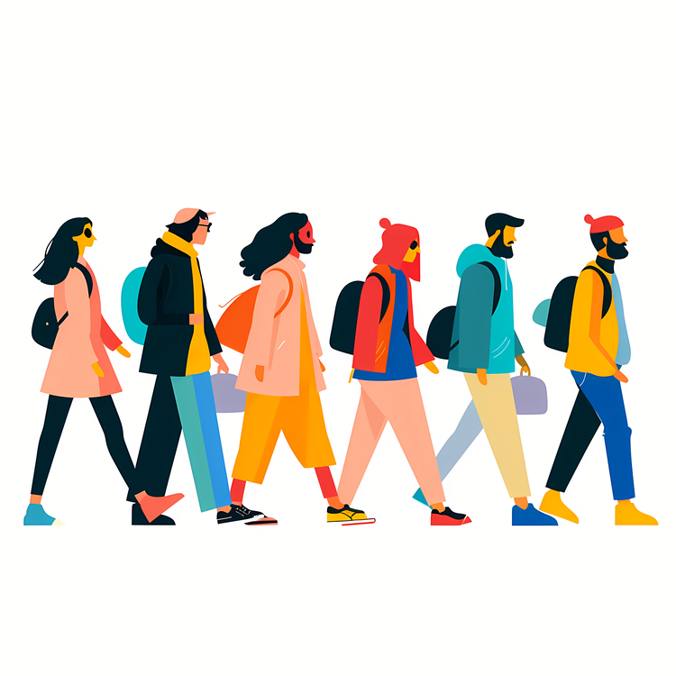 Group Of People,Colorful People In A Walk,Dynamic Group Of Individuals