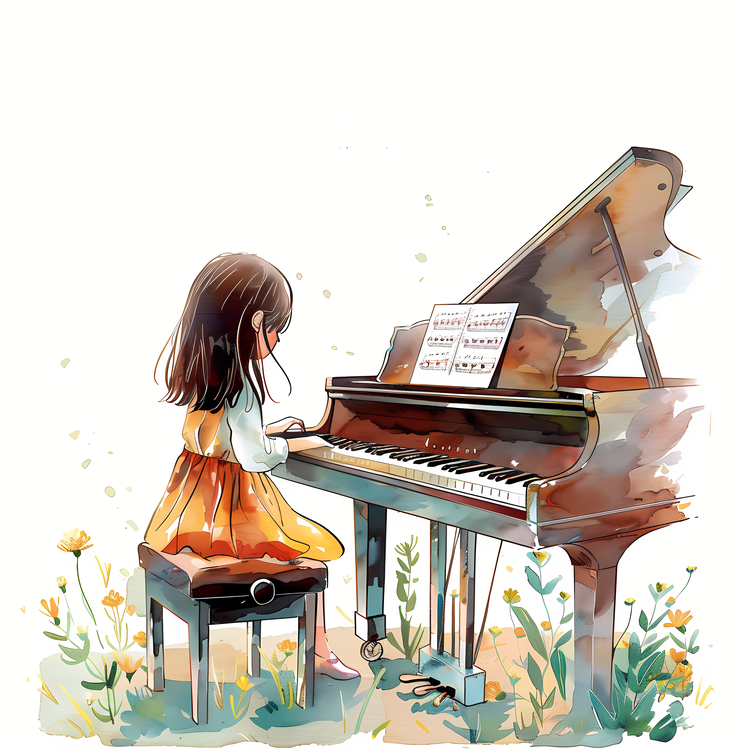 Piano,Watercolor,Child Playing Piano