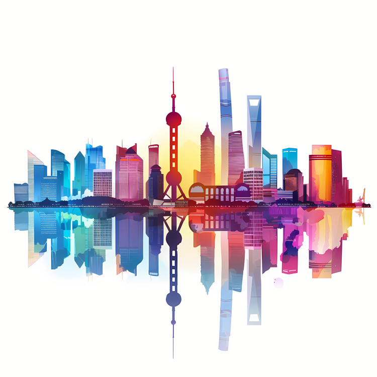 Shanghai City Silhouette,Skyline,Watercolor