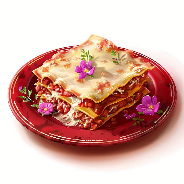 Lasagna,Italian Food,Red Plate With Lasagna
