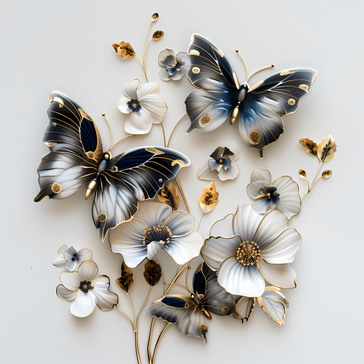 Butterflies,Flowers,Gold Leaf