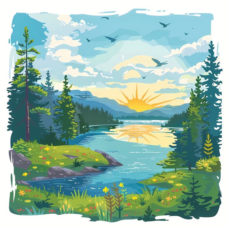 Sunny Landscape,Lake,Mountains