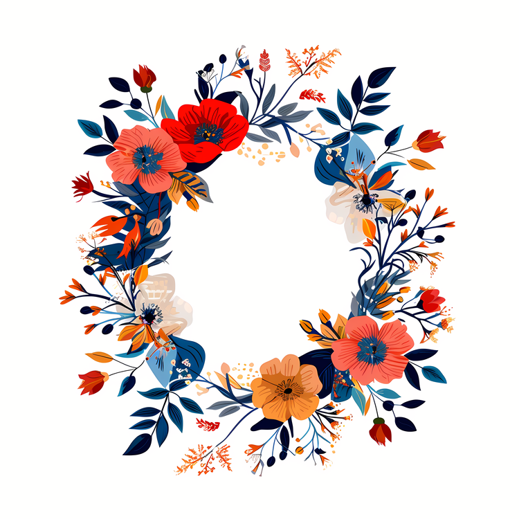 Flower Wreath,Floral Wreath,Orange And Blue Flowers