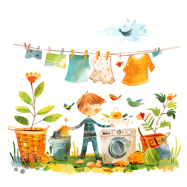 Laundry Day,Watercolor,Kid