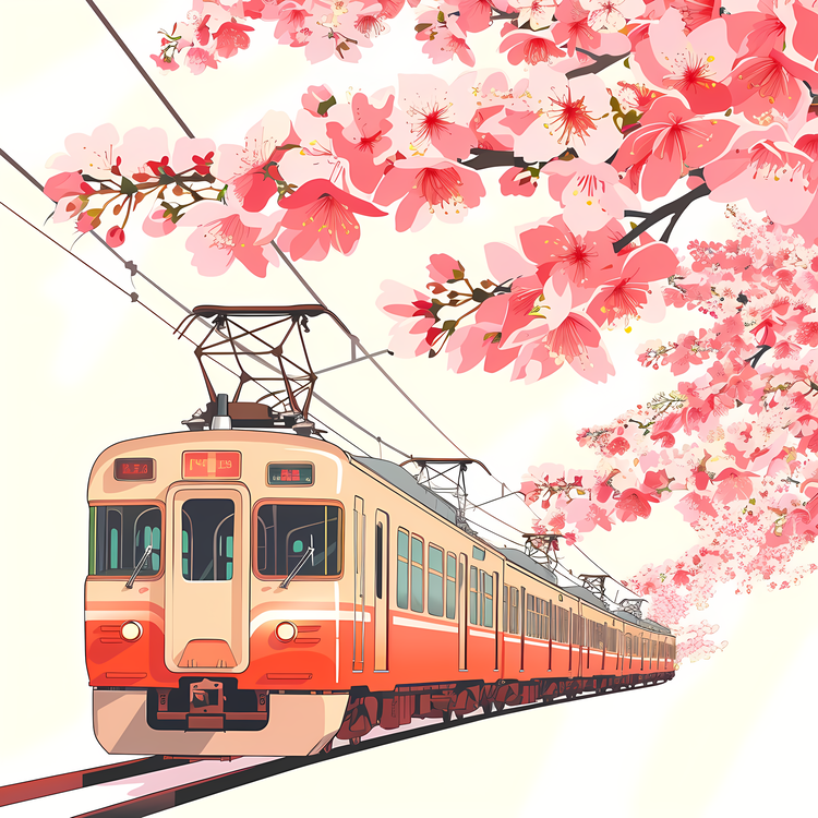 Spring,Train,Cherry Blossom Tree