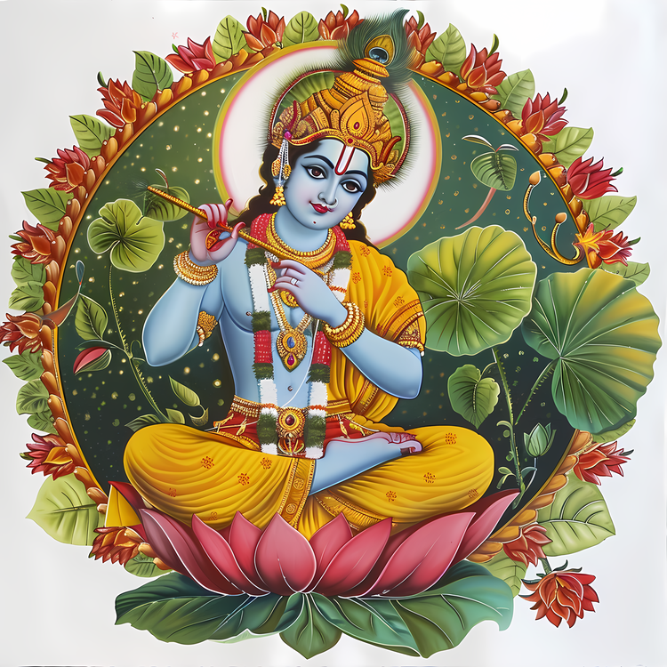 Vishu,Lord Krishna On Lotus Flower,Lotus Flower In Front Of Him