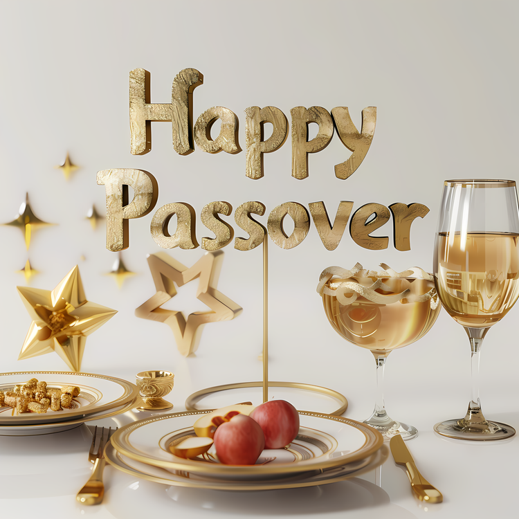 Happy Passover,Gold Table Settings,White Plate With Wine Glasses