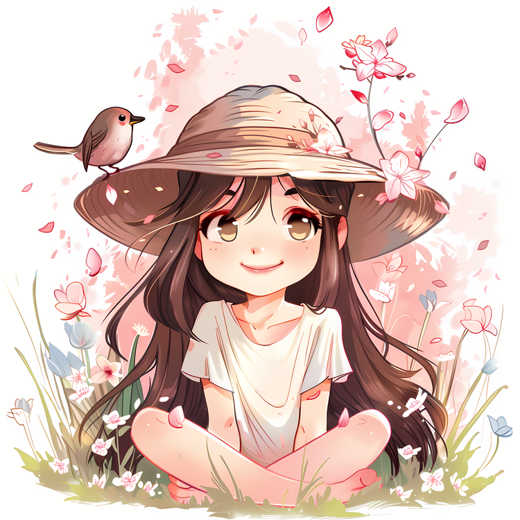Enjoy The Spring Time,Cartoon Girl,Flowers