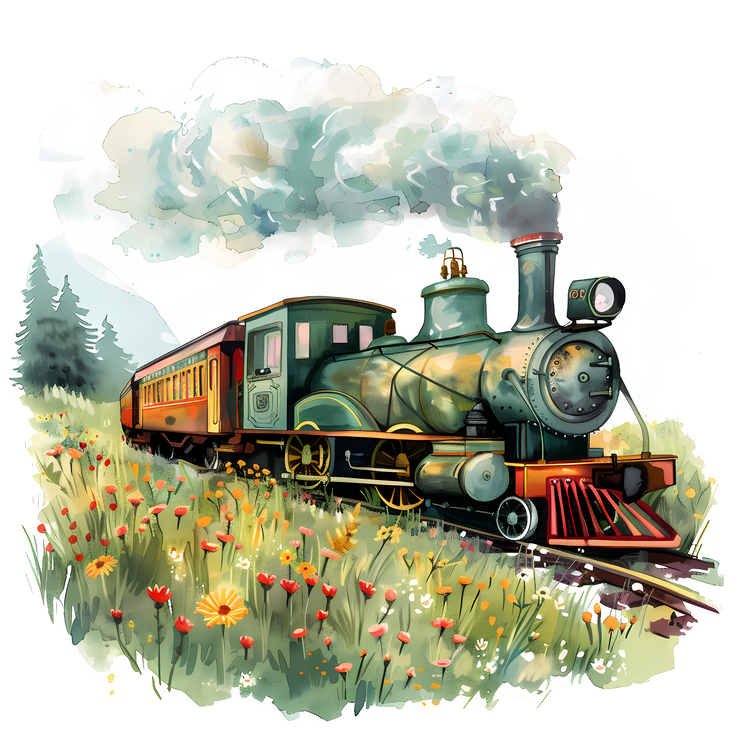 Spring,Train,Watercolor