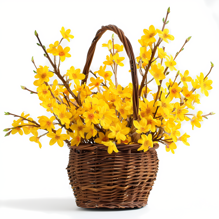 Forsythia Flower,Yellow Flowers,Wicker Basket