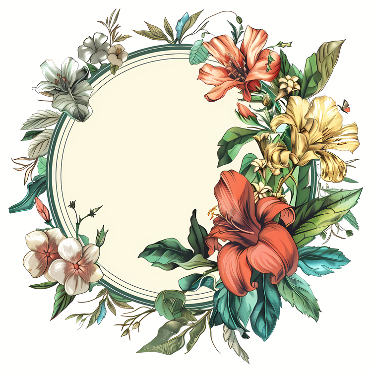 Round Frame,Floral Wreath,Watercolor Frame