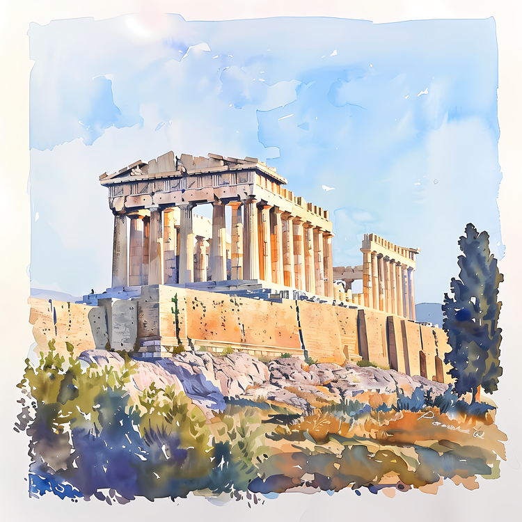Acropolis,Watercolor,Ancient Greek Temple