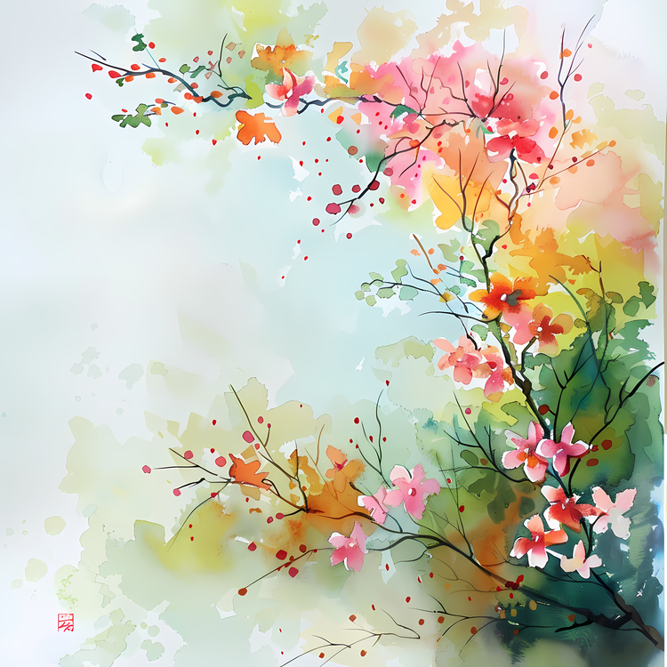 Spring,Watercolor,Blooming Branches