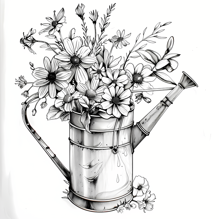 Garden Watercan,Flower Vase,Watercolor Drawing
