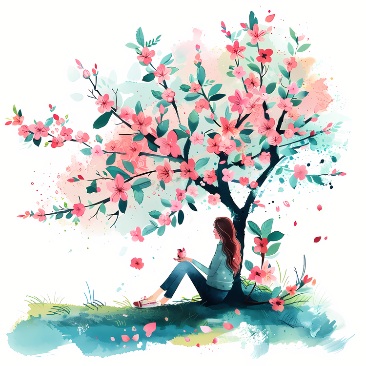 Enjoy The Spring Time,Girl,Pink Tree