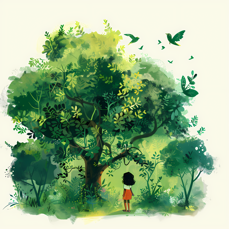 Arbor Day,Child In Forest,Green Leaves