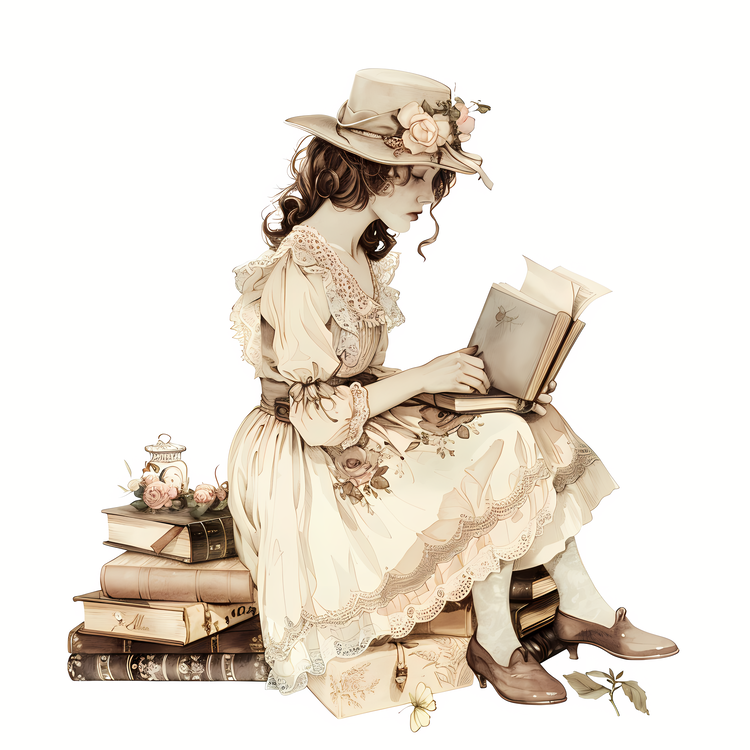 Cherish An Antique Day,Lady With A Hat And Books,Reading
