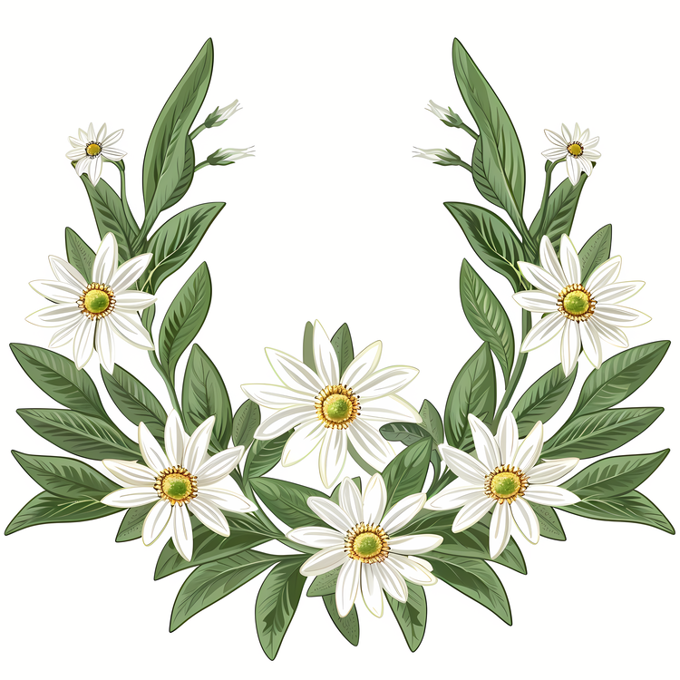 Edelweiss,White Daisies,Green Leaves