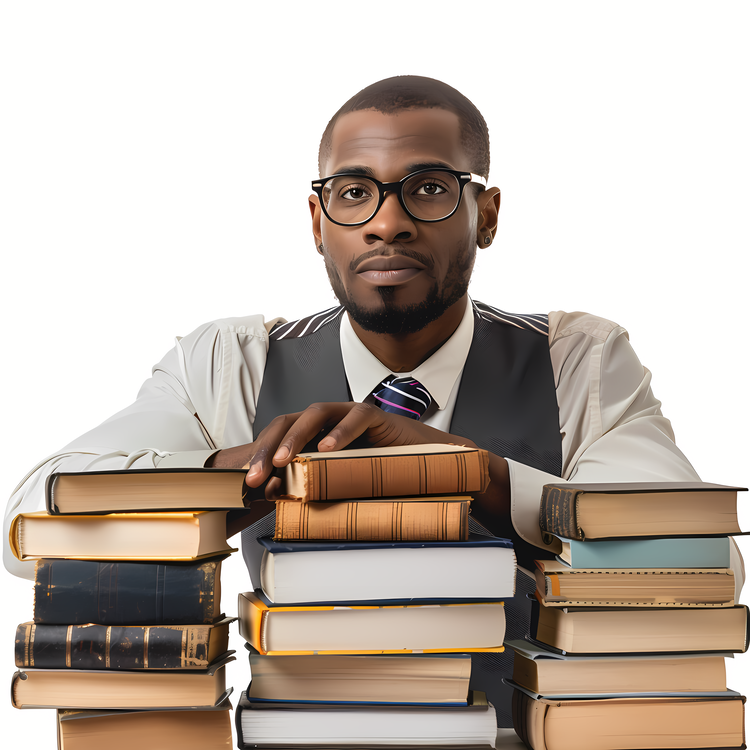 School Librarian,Man With Books,Books Stacked On Desk