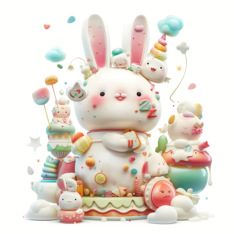 Kawaii,Adorable Easter Bunny,Colorful Chocolate Eggs