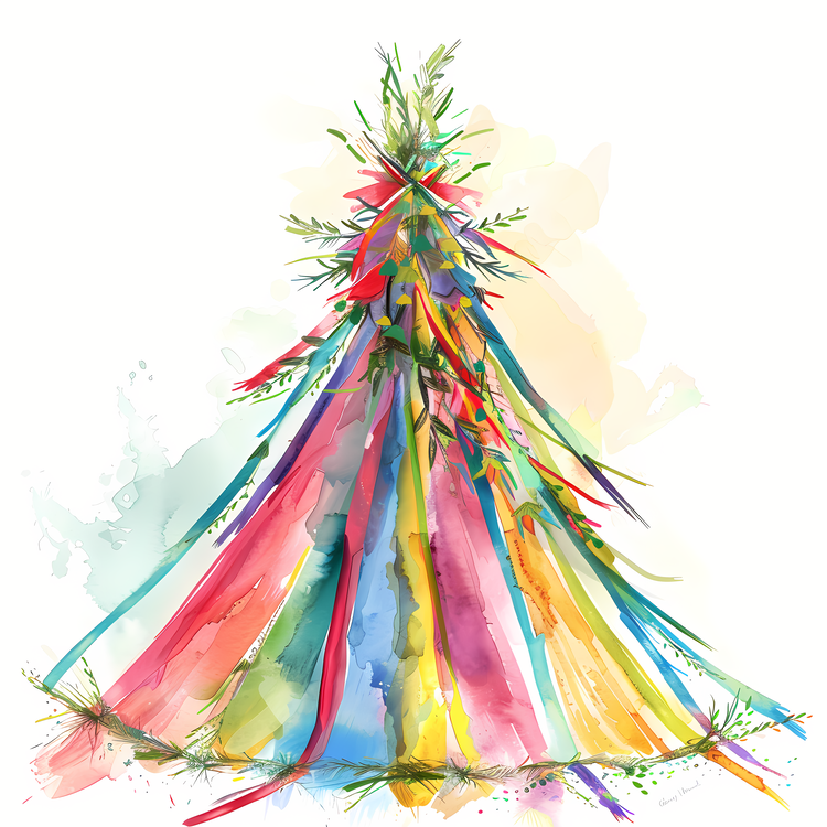 Maypole,Tree,Watercolor