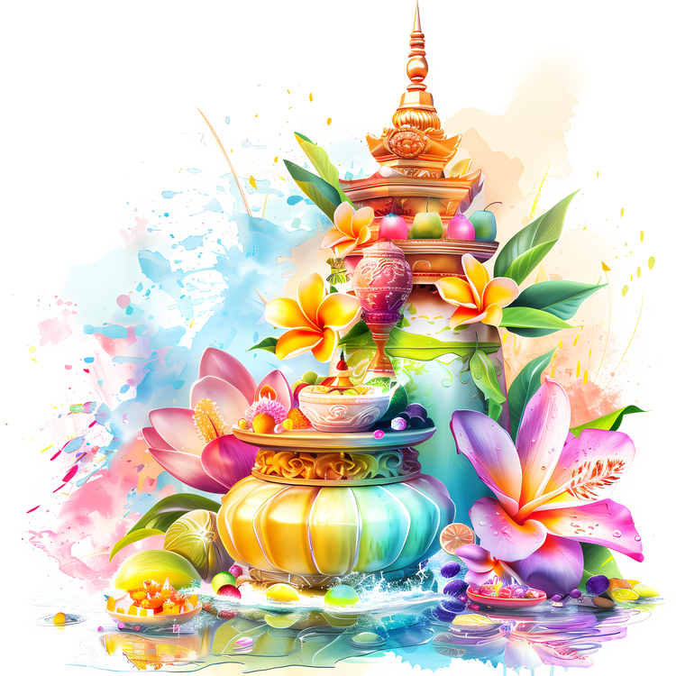Songkran,Religious Art,Watercolor Painting