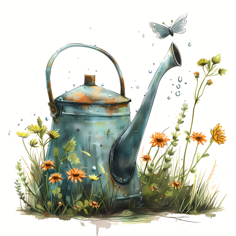 Garden Watercan,Blue Watering Can,Yellow And Purple Flowers