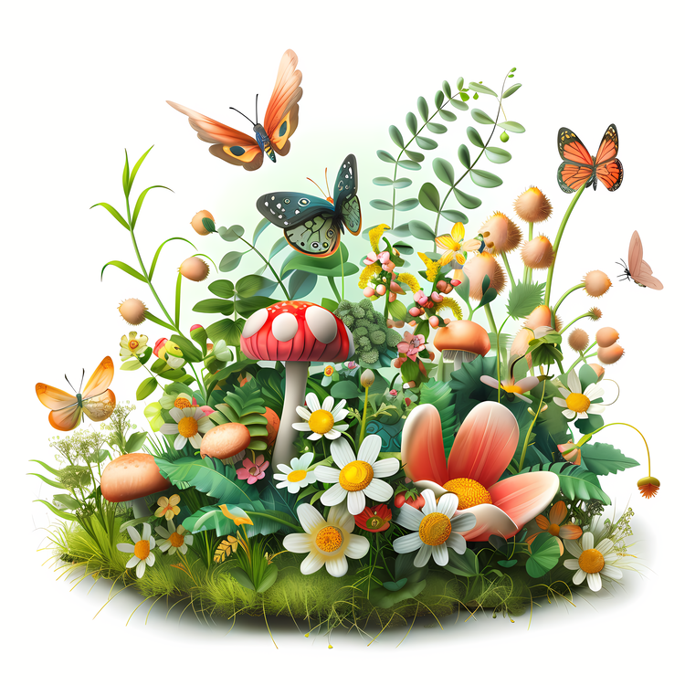 Enjoy The Spring Time,Fairy Mushrooms,Mushrooms And Butterflies