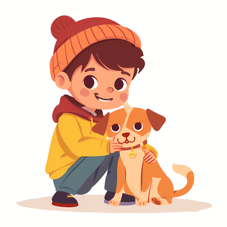 Kid And Pet,Boy With Dog,Cartoon Illustration