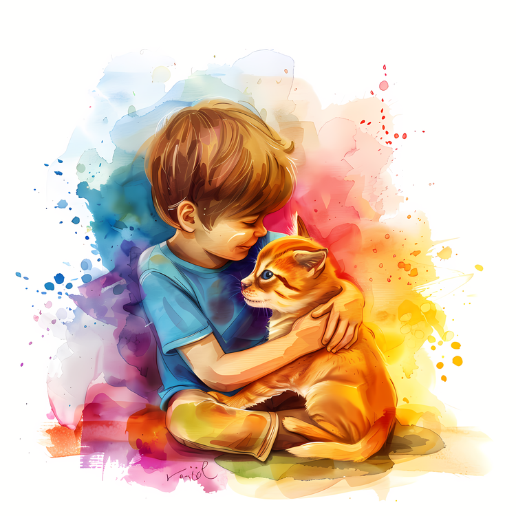 Kid And Pet,Child Hugging A Cat,Watercolor Painting