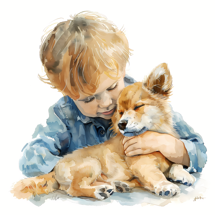 Kid And Pet,Watercolor,Boy