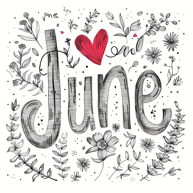 Hello June,Hand Drawn Text,Floral Illustration