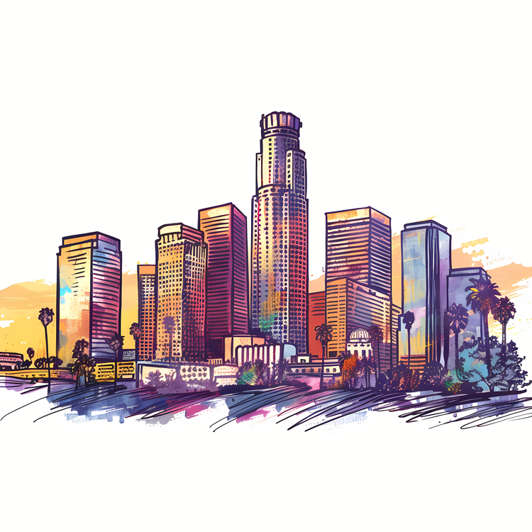 Los Angeles,Watercolor,Skyscraper