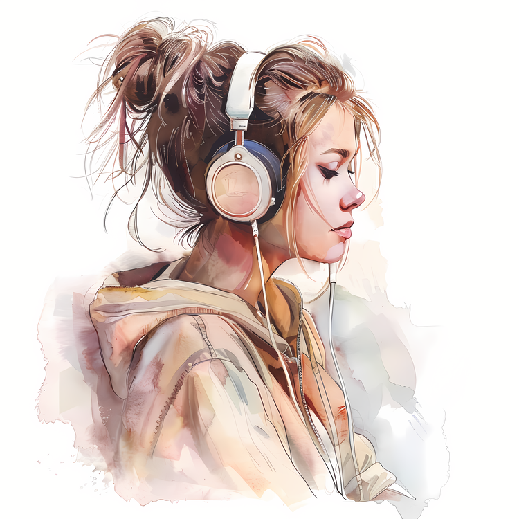 Listening To Music,Portrait,Watercolor