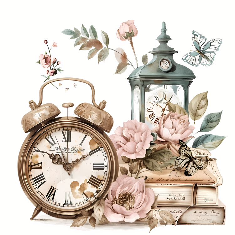 Cherish An Antique Day,Clock,Pink Flowers