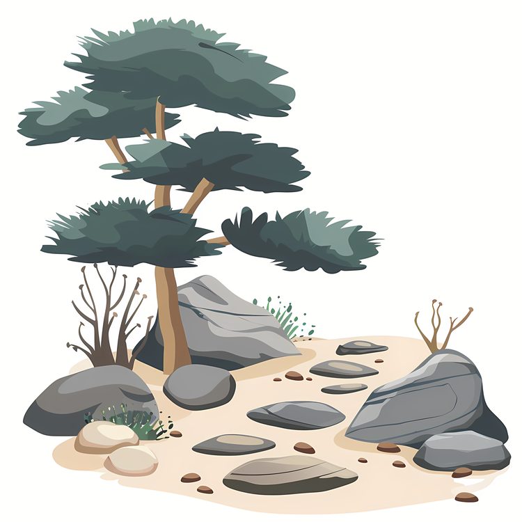 Pebble Path,Pine Tree,Rocks