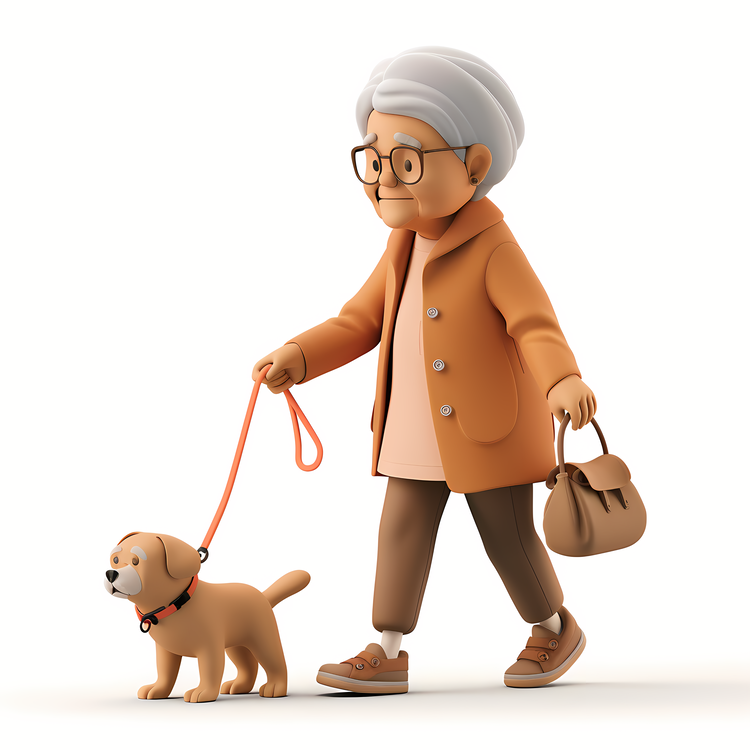 Senior,Old Woman Walking Dog,Cartoon Illustration