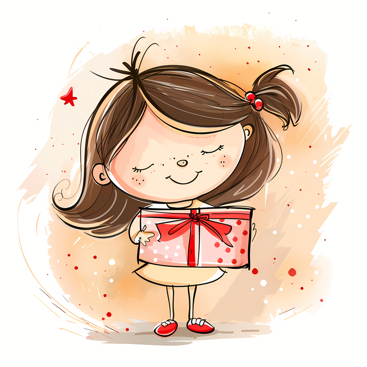 Handmade Gift,Cute Girl Holding Gift,Cartoon   Girl With Present
