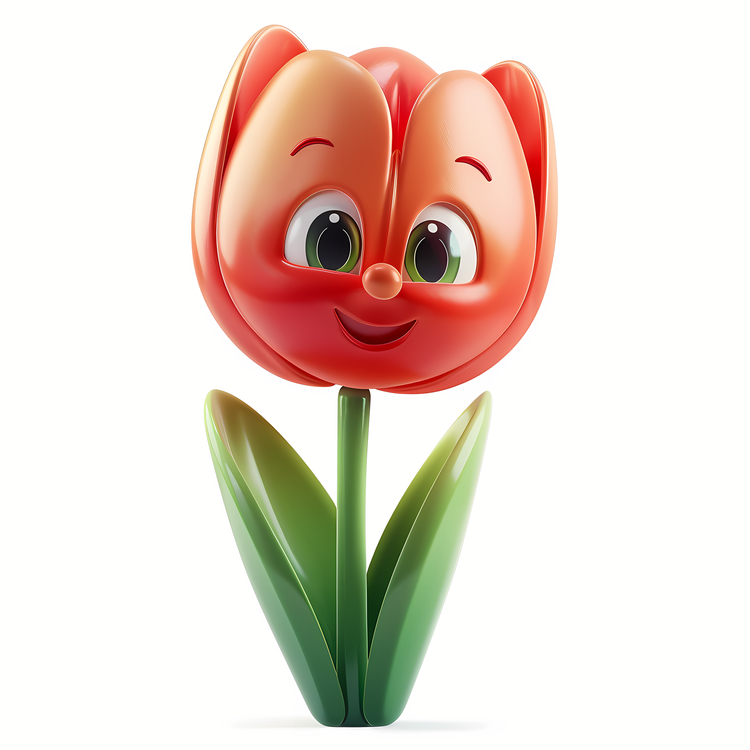 3d Cartoon Flowers,Smiling Tulip,Red Tulip With A Green Stem