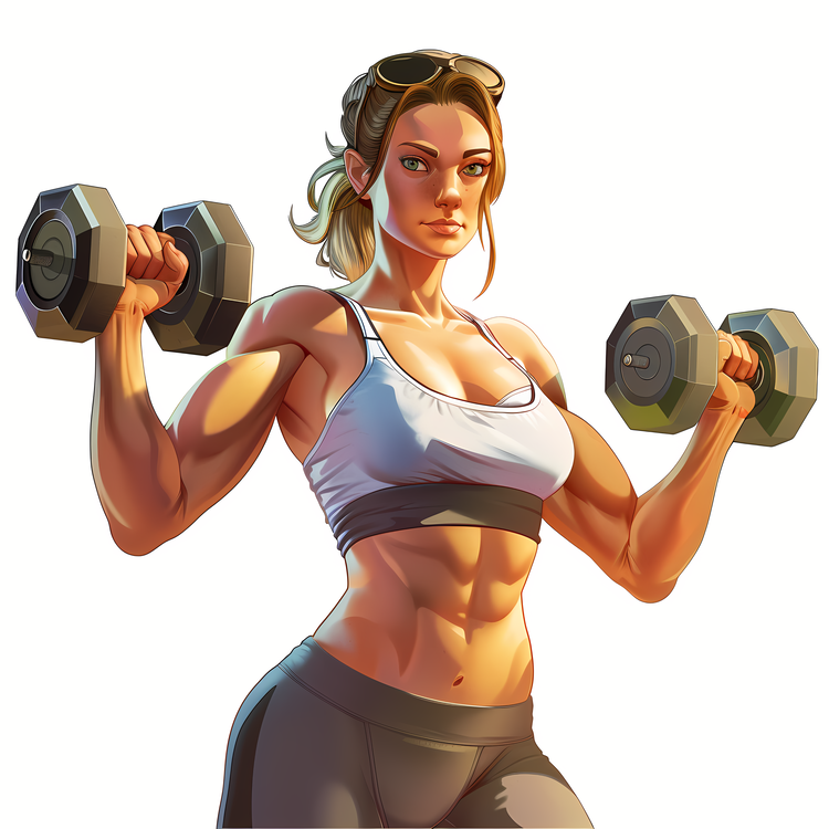 Fitness Day,Muscular Woman With Dumbells,Bodybuilder With Dumbells