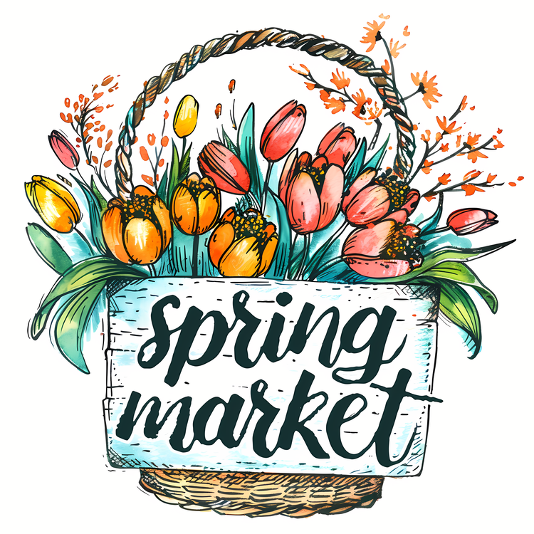 Spring Market,Basket Of Flowers,Hand Drawn Lettering
