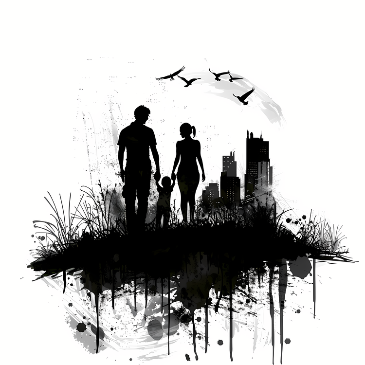 Family Silhouette,Abstract,Black And White