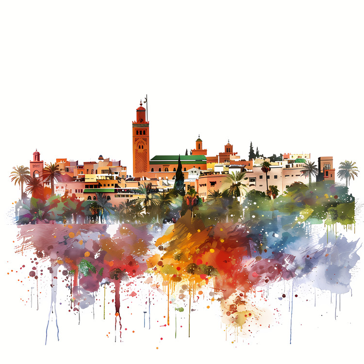 Marrakech,Moroccan Skyline,Watercolor Painting