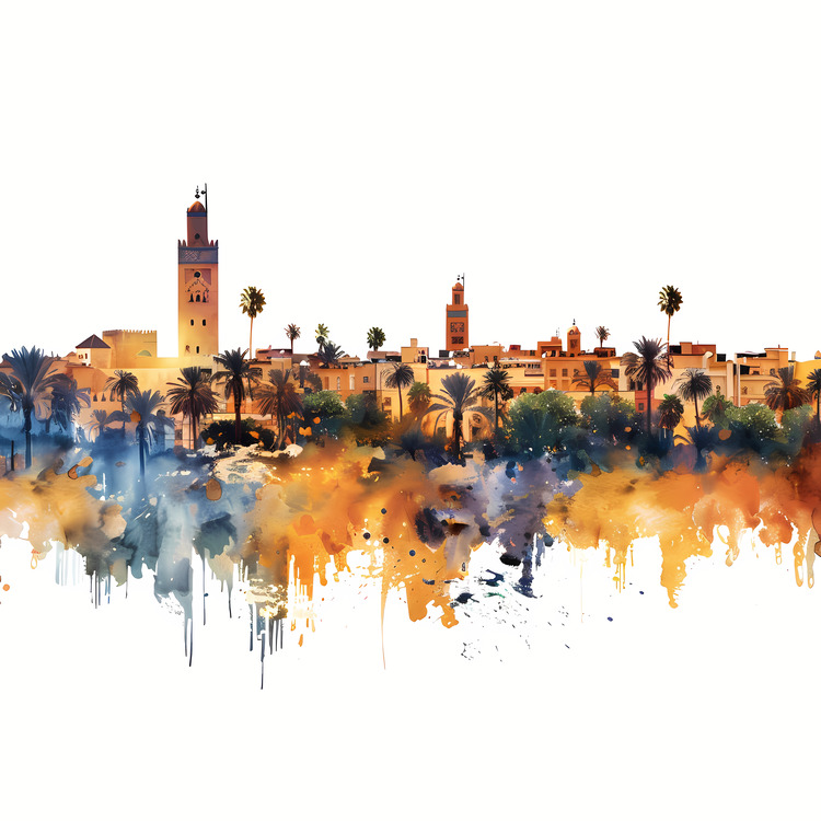 Marrakech,Skyline,Watercolor