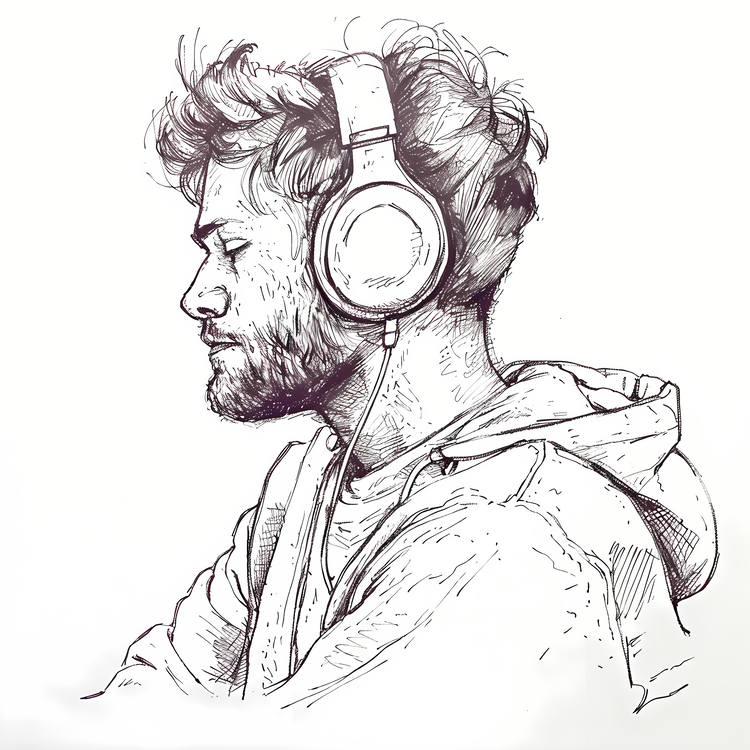 Listening To Music,Pencil Drawing,Portrait