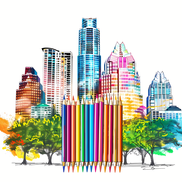 Austin Skyline,Colorful,Watercolor