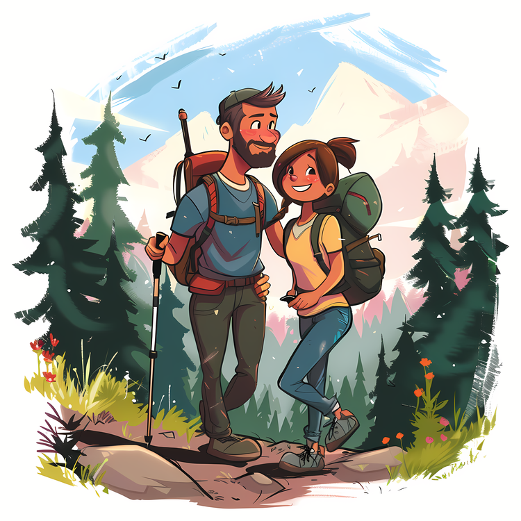 Trail,Outdoor Hiking Couple,Hiker Couple In Mountains